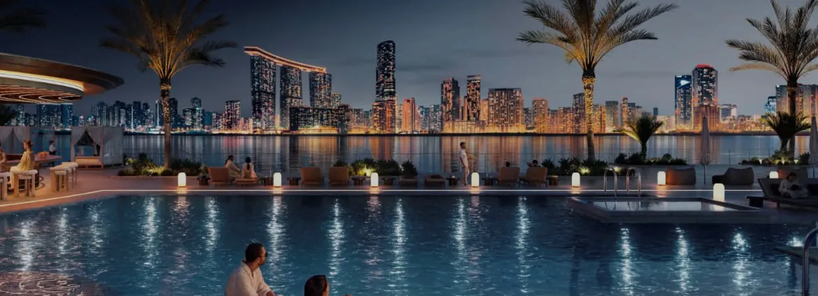 Waterfront wellness club pool at night