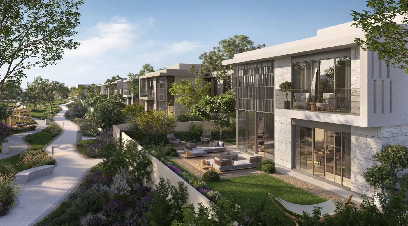 Garden terraces stepping down to a landscaped walkway