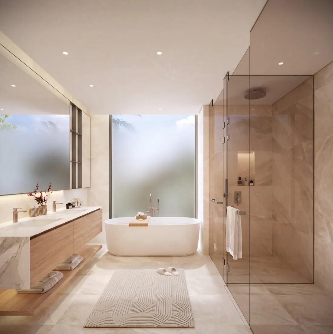 Master bathroom in warm stone with freestanding bath