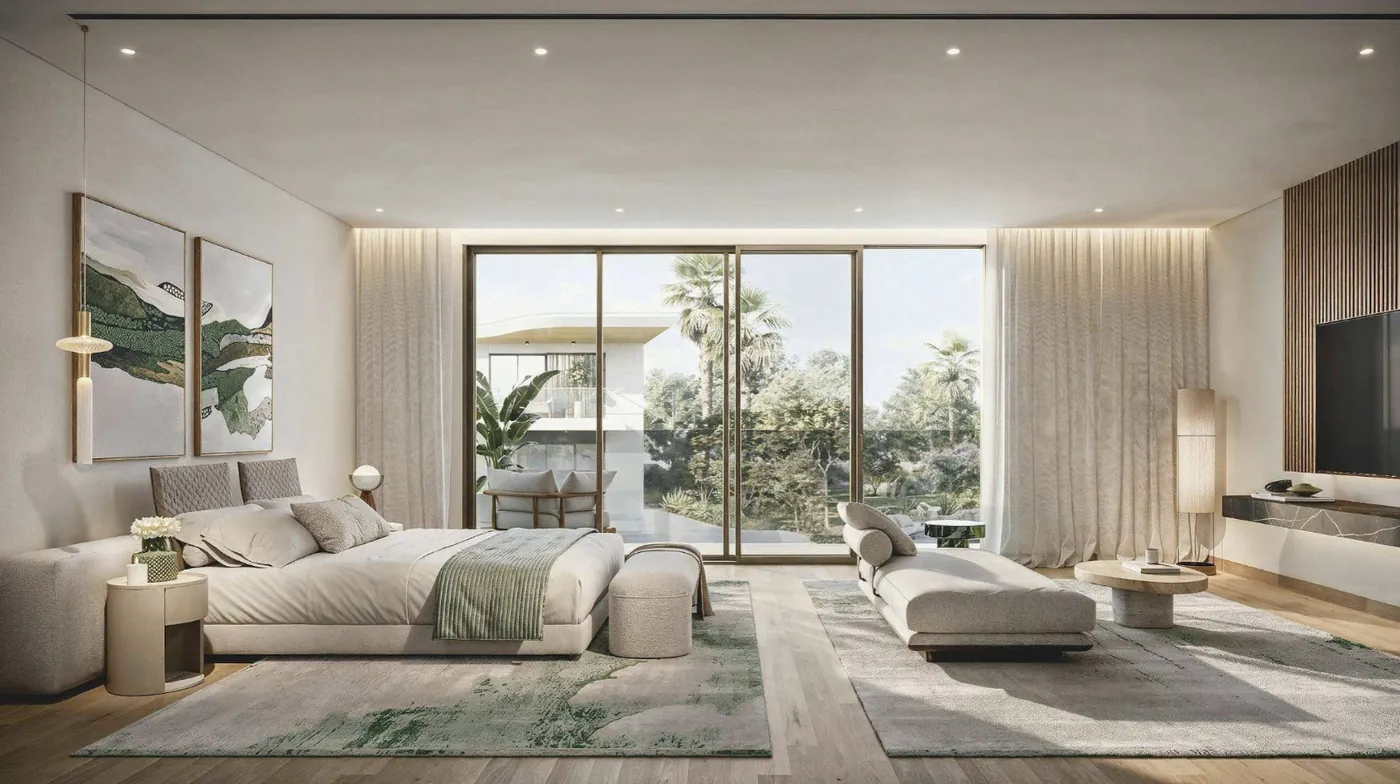 Master bedroom opening onto a shaded balcony